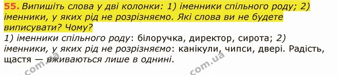 55. Випишіть слова у дві колонки: 1) іменники спільного роду; 2) іменники, у яких рід не розрізняємо. Які слова ви не будете — ГДЗ Українська мова 6 клас Заболотний 2019