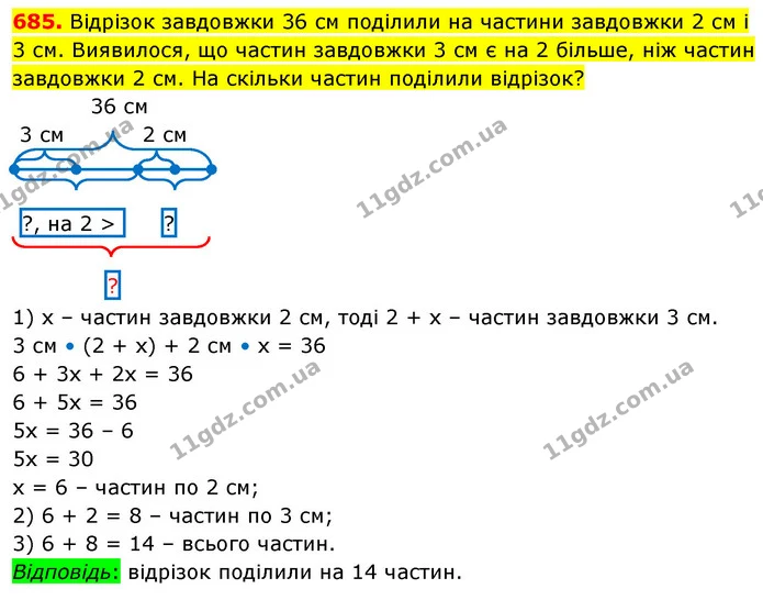 685. Відрізок завдовжки 36 см поділили на частини завдовжки 2 см і 3 см. Виявилося, що частин завдовжки 3 см є на 2 більше, ніж частин — ГДЗ Математика 5 клас Кравчук