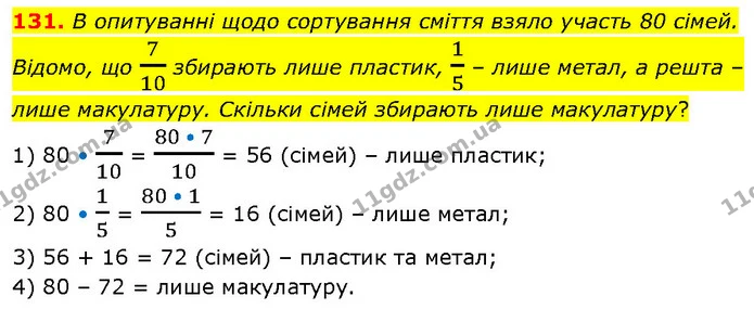 131. В опитуванні щодо сортування сміття взяло участь 80 сімей. Відомо, що 710 збирають лише пластик, 15 – лише метал, а решта – лише — ГДЗ Математика 6 клас Біос 1-2 ч.