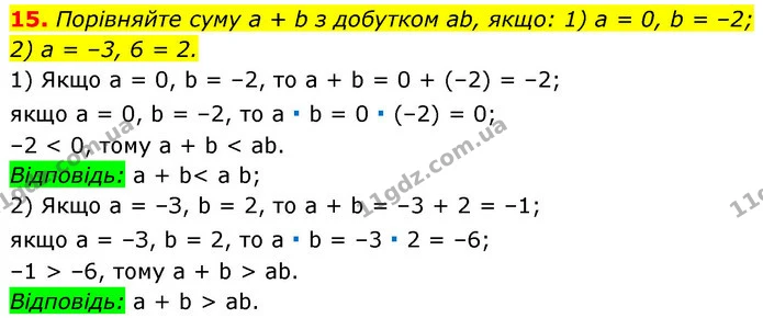 15. Порівняйте суму а + b з добутком ab, якщо: 1) а = 0, b = –2; — ГДЗ Алгебра 7 клас Істер 2020