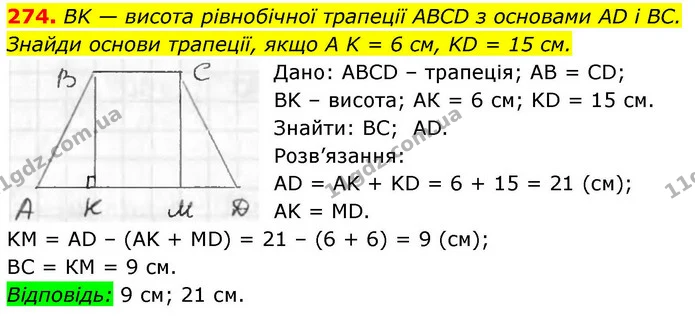 274. BK — висота рівнобічної трапеції ABCD з основами AD і BC. Знайди основи трапеції, якщо A K = 6 см, KD = 15 см. — ГДЗ Геометрія 8 клас Бевз