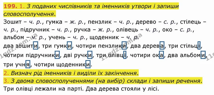 199. 1. З поданих числівників та іменників утвори і запиши словосполучення. — ГДЗ Українська мова та читання 4 клас Коваленко