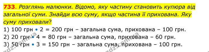733. Розглянь малюнки. Відомо, яку частину становить купюра від загальної суми. Знайди всю суму, якщо частина її прихована. Яку суму — ГДЗ Математика 3 клас Бевз 2 частина