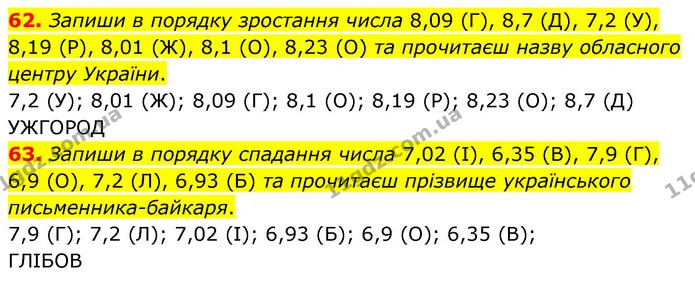 62. Запиши в порядку зростання числа 8,09 (Г), 8,7 (Д), 7,2 (У), 8,19 (Р), 8,01 (Ж), 8,1 (О), 8,23 (О) та прочитаєш назву обласного — ГДЗ Математика 6 клас Істер 2023 1-2 ч.