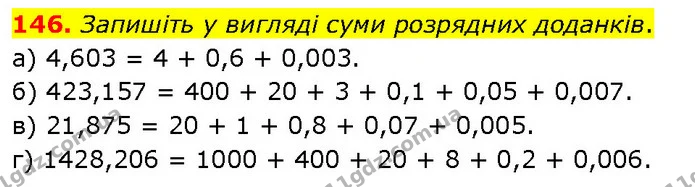 146. Запишіть у вигляді суми розрядних доданків. — ГДЗ Математика 6 клас Біос 1-2 ч.