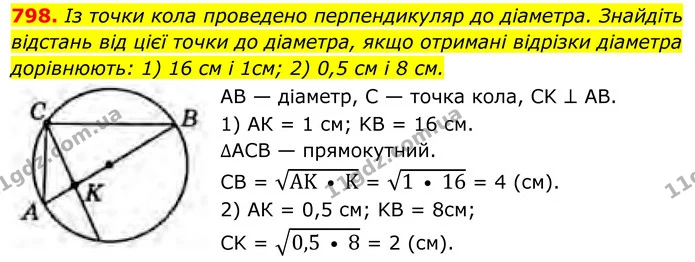 798. Із точки кола проведено перпендикуляр до діаметра. Знайдіть відстань від цієї точки до діаметра, якщо отримані відрізки діаметра — ГДЗ Геометрія 8 клас Бурда