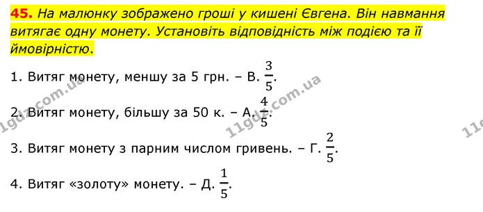 45. На малюнку зображено гроші у кишені Євгена. Він навмання витягає одну монету. Установіть відповідність між подією та її — ГДЗ Математика 6 клас Бевз 1-2 ч.