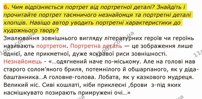 6. Чим відрізняється портрет від портретної деталі? Знайдіть і прочитайте портрет таємничого незнайомця та портретні деталі хлопців — ГДЗ Українська література 5 клас Авраменко 2022
