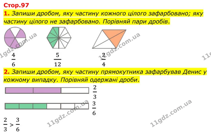 1. Запиши дробом, яку частину кожного цілого зафарбовано; яку частину цілого не зафарбовано. Порівняй пари дробів. — ГДЗ Математика 4 клас Скворцова