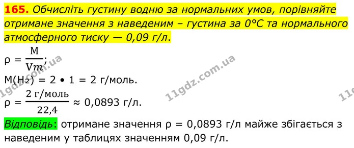 165. Обчисліть густину водню за нормальних умов, порівняйте отримане значення з наведеним – густина за 0°С та нормального атмосферного — ГДЗ Хімія 8 клас Григорович