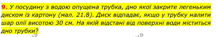 9. У посудину з водою опущена трубка, дно якої закрите легеньким диском із картону (мал. 21.8). Диск відпадає, якщо у трубку налити шар — ГДЗ Фізика 7 клас Засєкіна