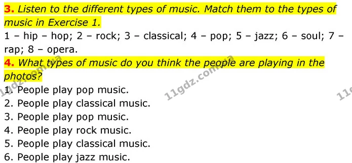 3. Listen to the different types of music. Match them to the types of music in Exercise 1. — ГДЗ Англійська мова 6 клас Коста (Prepare 6)