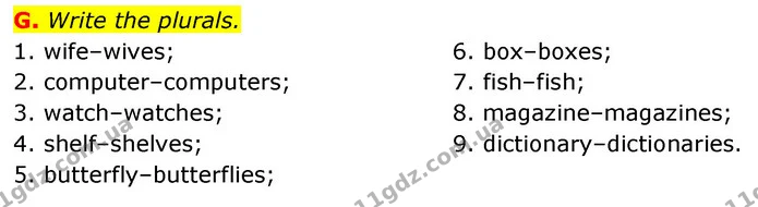 G. Write the plurals. — ГДЗ Робочий зошит Англійська мова 6 клас Мітчелл
