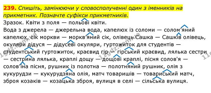 239. Спишіть, замінюючи у словосполученні один з іменників на прикметник. Позначте суфікси прикметників. — ГДЗ Українська мова 6 клас Ворон, Солопенко