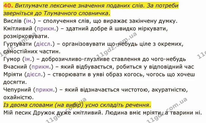 40. Витлумачте лексичне значення поданих слів. За потреби зверніться до Тлумачного словничка. — ГДЗ Українська мова 5 клас Глазова 2022