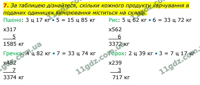 7. За таблицею дізнайтеся, скільки кожного продукту харчування в поданих одиницях вимірювання міститься на складі. — ГДЗ Математика 4 клас Логачевська 1-2 ч. 2021