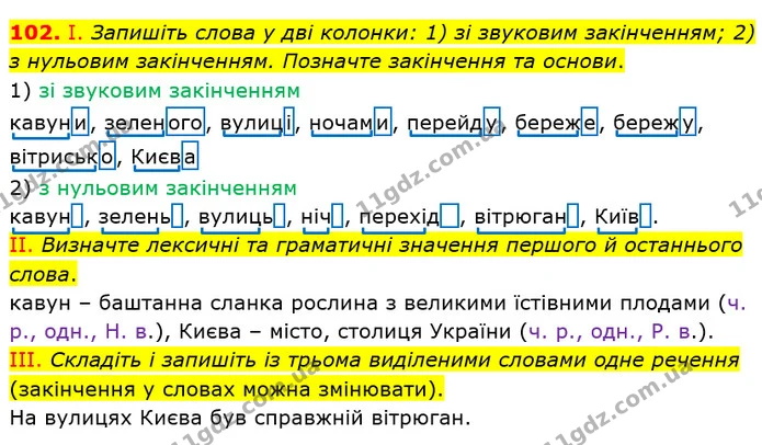 102. І. Запишіть слова у дві колонки: 1) зі звуковим закінченням; 2) з нульовим закінченням. Позначте закінчення та основи. — ГДЗ Українська мова 5 клас Заболотний 2022