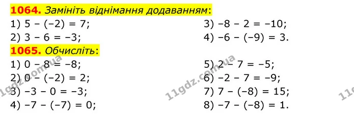 1064. Замініть віднімання додаванням: — ГДЗ Математика 6 клас Кравчук 2023