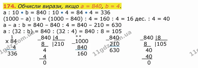174. Обчисли вирази, якщо а = 840, b = 4. — ГДЗ Математика 4 клас Лишенко 1-2 ч.