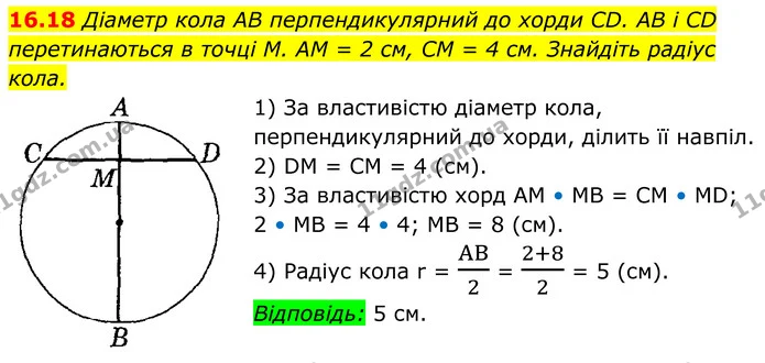 16.18 Діаметр кола AB перпендикулярний до хорди CD. AB і CD перетинаються в точці M. AM = 2 см, CM = 4 см. Знайдіть радіус кола. — ГДЗ Геометрія 8 клас Істер