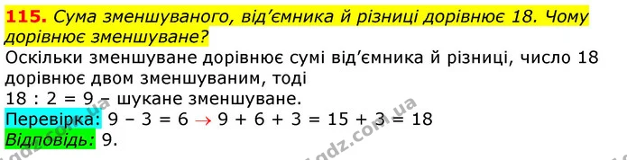 115. Сума зменшуваного, від’ємника й різниці дорівнює 18. Чому дорівнює зменшуване? — ГДЗ Математика 3 клас Лишенко (1, 2 частина)