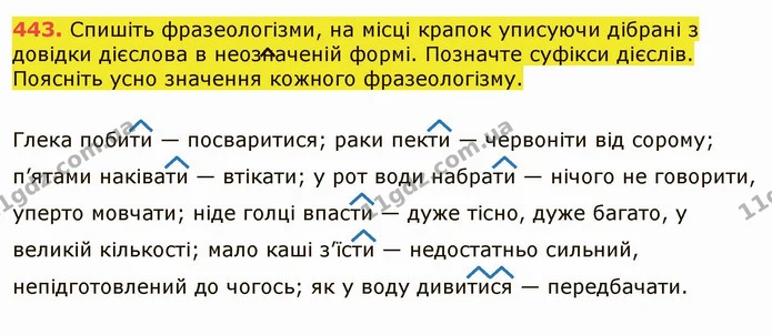 443. Спишіть фразеологізми, на місці крапок уписуючи дібрані з довідки дієслова в неозначеній формі. Позначте суфікси дієслів. Поясніть — ГДЗ Українська мова 6 клас Заболотний 2019