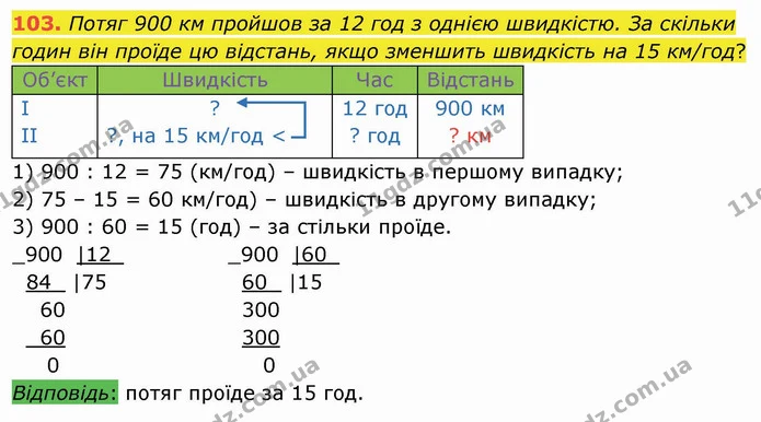 103. Потяг 900 км пройшов за 12 год з однією швидкістю. За скільки годин він проїде цю відстань, якщо зменшить швидкість на 15 км/год? — ГДЗ Математика 4 клас Лишенко 1-2 ч.