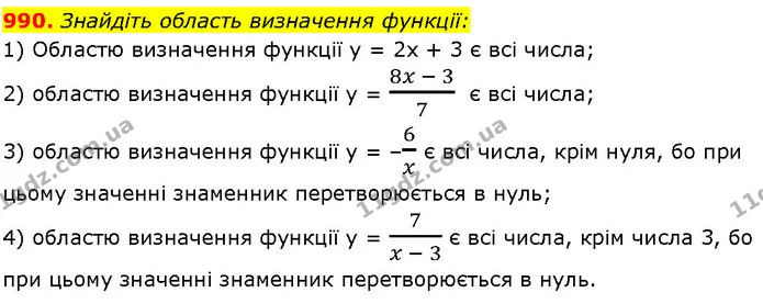 990. Знайдіть область визначення функції: — ГДЗ Алгебра 7 клас Істер 2024
