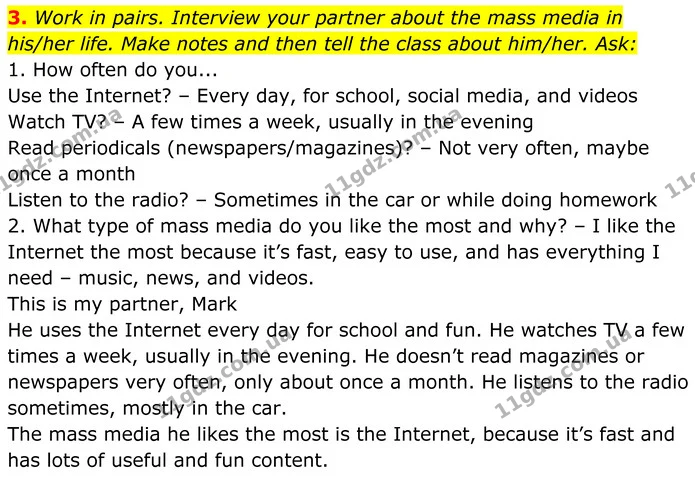 3. Work in pairs. Interview your partner about the mass media in his/her life. Make notes and then tell the class about him/her. Ask: — ГДЗ Англійська мова 8 клас Карпюк 2025