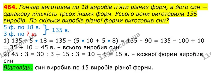 464. Гончар виготовив по 18 виробів п’яти різних форм, а його син — однакову кількість трьох інших форм. Усього вони виготовили 135 — ГДЗ Математика 3 клас Лишенко (1, 2 частина)