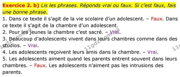 Exercice 2. b) Lis les phrases. Réponds vrai ou faux. Si c’est faux, fais une bonne phrase. — ГДЗ Французька мова 7 клас Чумак