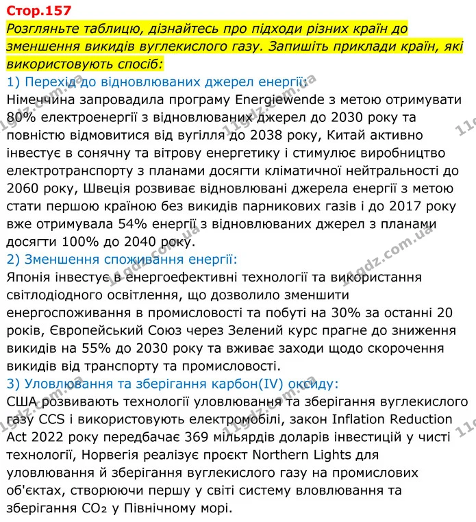 Розгляньте таблицю, дізнайтесь про підходи різних країн до зменшення викидів вуглекислого газу. Запишіть приклади країн, які — ГДЗ Хімія 8 клас Мідак