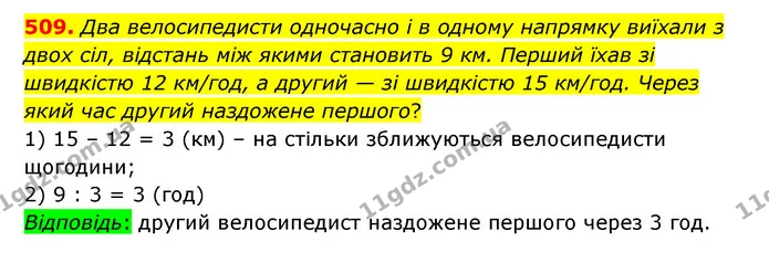 509. Два велосипедисти одночасно і в одному напрямку виїхали з двох сіл, відстань між якими становить 9 км. Перший їхав зі швидкістю 12 — ГДЗ Математика 5 клас Бевз
