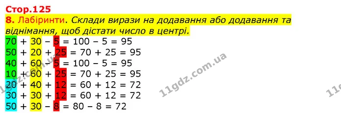 8. Лабіринти. Склади вирази на додавання або додавання та віднімання, щоб дістати число в центрі. — ГДЗ Математика 2 клас Лишенко