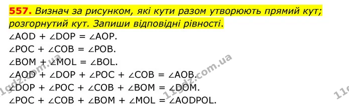 557. Визнач за рисунком, які кути разом утворюють прямий кут; розгорнутий кут. Запиши відповідні рівності. — ГДЗ Математика 5 клас Скворцова 2022