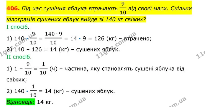 406. Під час сушіння яблука втрачають 910 від своєї маси. Скільки кілограмів сушених яблук вийде зі 140 кг свіжих? — ГДЗ Математика 6 клас Істер 2023 1-2 ч.