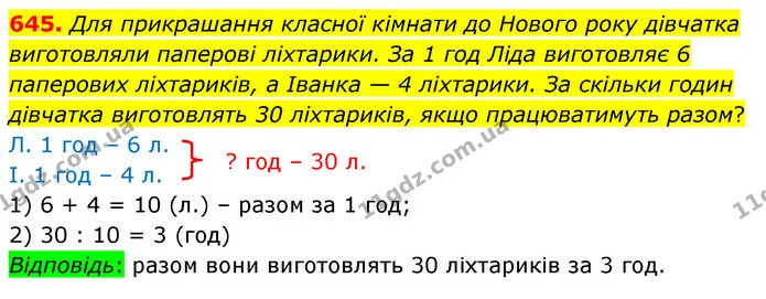 645. Для прикрашання класної кімнати до Нового року дівчатка виготовляли паперові ліхтарики. За 1 год Ліда виготовляє 6 паперових — ГДЗ Математика 3 клас Листопад 1-2 ч.