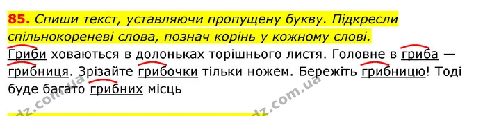 85. Спиши текст, уставляючи пропущену букву. Підкресли спільнокореневі слова, познач корінь у кожному слові. — ГДЗ Українська мова та читання 3 клас Захарійчук 2020