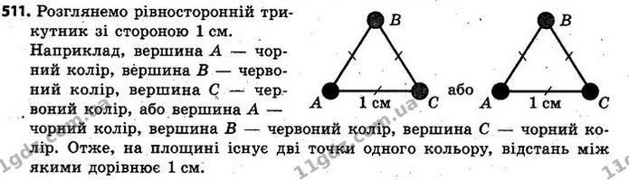 511. Кожна точка площини має червоний або чорний колір. Доведіть, що на цій площині знайдуться дві точки одного кольору, відстань між — ГДЗ Алгебра 7 клас Кравчук 2015