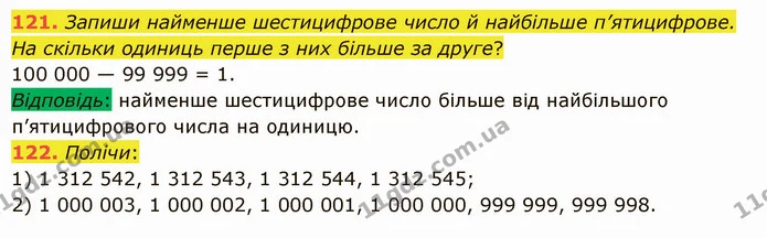 121. Запиши найменше шестицифрове число й найбільше п’ятицифрове. На скільки одиниць перше з них більше за друге? — ГДЗ Математика 5 клас Істер 2022