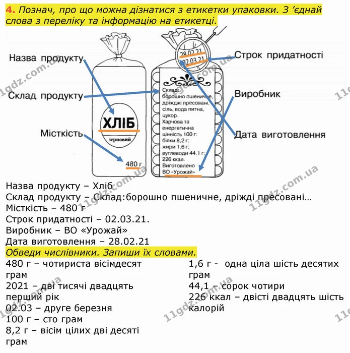 4. Познач, про що можна дізнатися з етикетки упаковки. З ’єднай слова з переліку та інформацію на етикетці. — ГДЗ Робочий зошит Українська мова та читання 3 клас Большакова