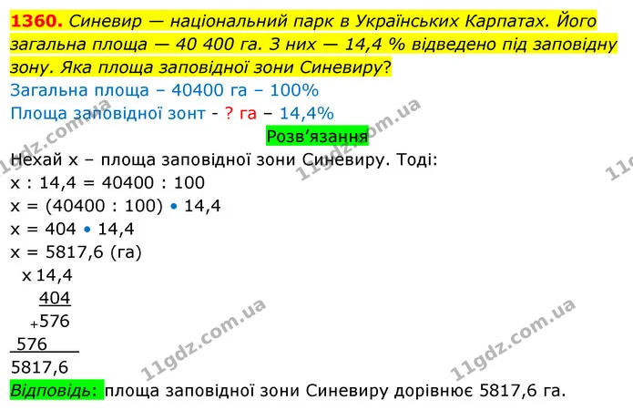 1360. Синевир — національний парк в Українських Карпатах. Його загальна площа — 40 400 га. З них — 14,4 % відведено під заповідну зону — ГДЗ Математика 5 клас Тарасенкова 2022