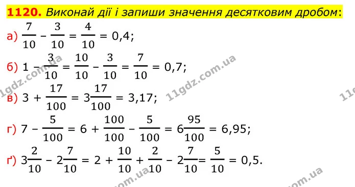 1120. Виконай дії і запиши значення десятковим дробом: — ГДЗ Математика 5 клас Бевз