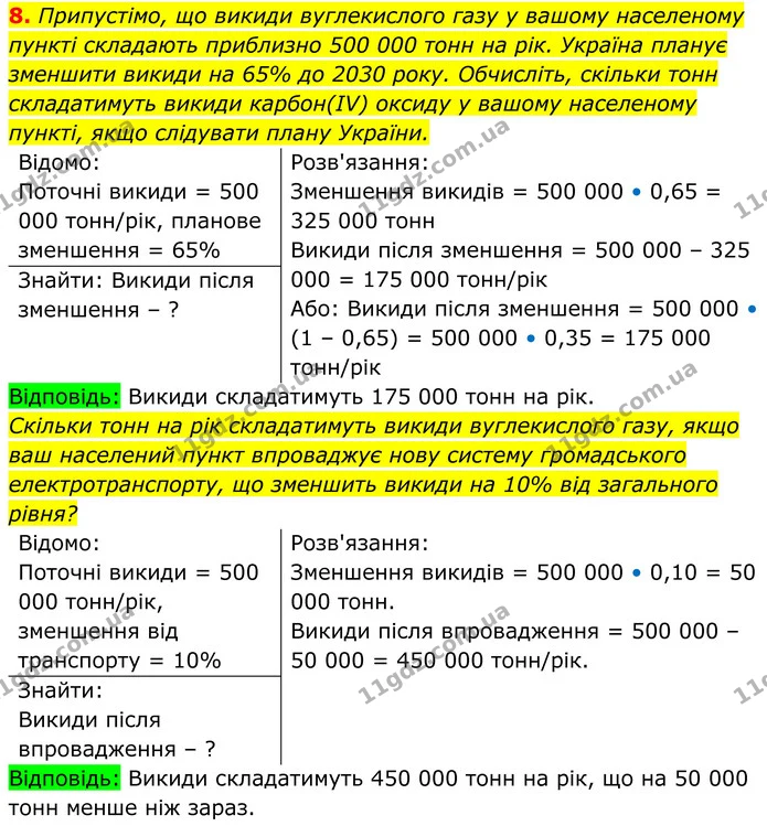 8. Припустімо, що викиди вуглекислого газу у вашому населеному пункті складають приблизно 500 000 тонн на рік. Україна планує зменшити — ГДЗ Хімія 8 клас Мідак