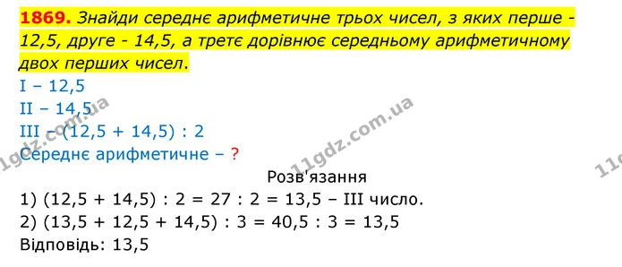 1869. Знайди середнє арифметичне трьох чисел, з яких перше – 12,5, друге – 14,5, а третє дорівнює середньому арифметичному двох перших — ГДЗ Математика 5 клас Бевз