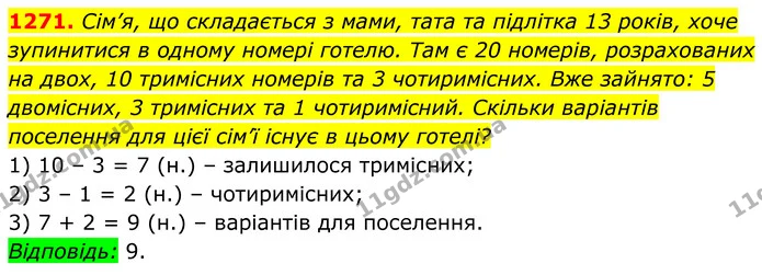 1271. Сім’я, що складається з мами, тата та підлітка 13 років, хоче зупинитися в одному номері готелю. Там є 20 номерів, розрахованих — ГДЗ Алгебра 7 клас Бевз