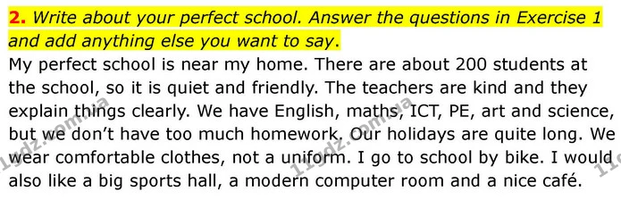 2. Write about your perfect school. Answer the questions in Exercise 1 and add anything else you want to say. — ГДЗ робочий зошит Англійська мова 7 клас Prepare