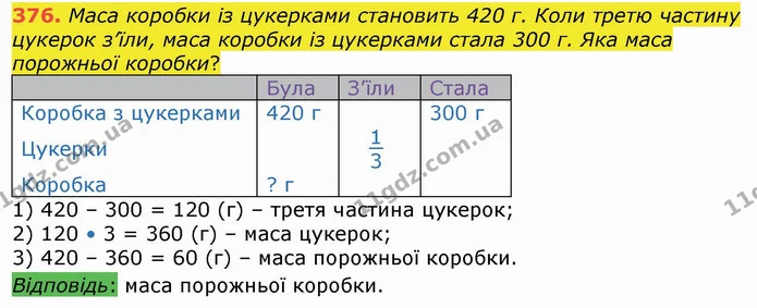 376. Маса коробки із цукерками становить 420 г. Коли третю частину цукерок з’їли, маса коробки із цукерками стала 300 г. Яка маса — ГДЗ Математика 4 клас Лишенко 1-2 ч.