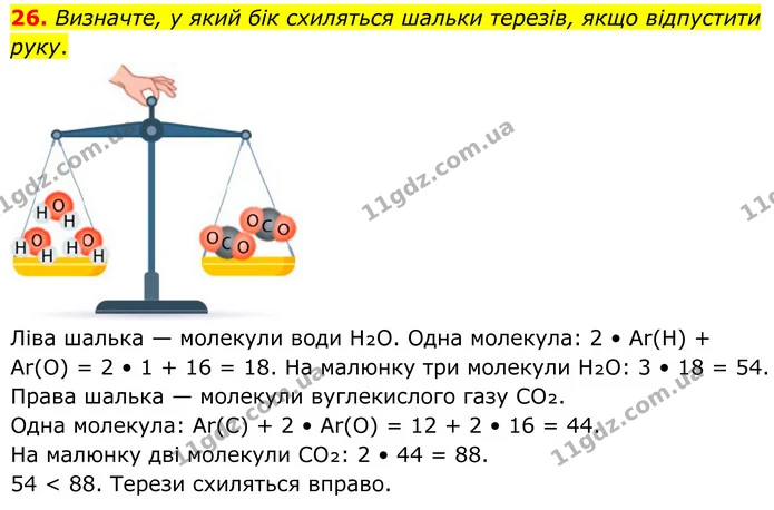 26. Визначте, у який бік схиляться шальки терезів, якщо відпустити руку. — ГДЗ Хімія 8 клас Григорович