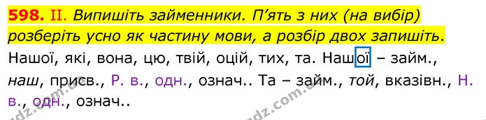 598. ІІ. Випишіть займенники. П’ять з них (на вибір) розберіть усно як частину мови, а розбір двох запишіть. — ГДЗ Українська мова 6 клас Заболотний 2020